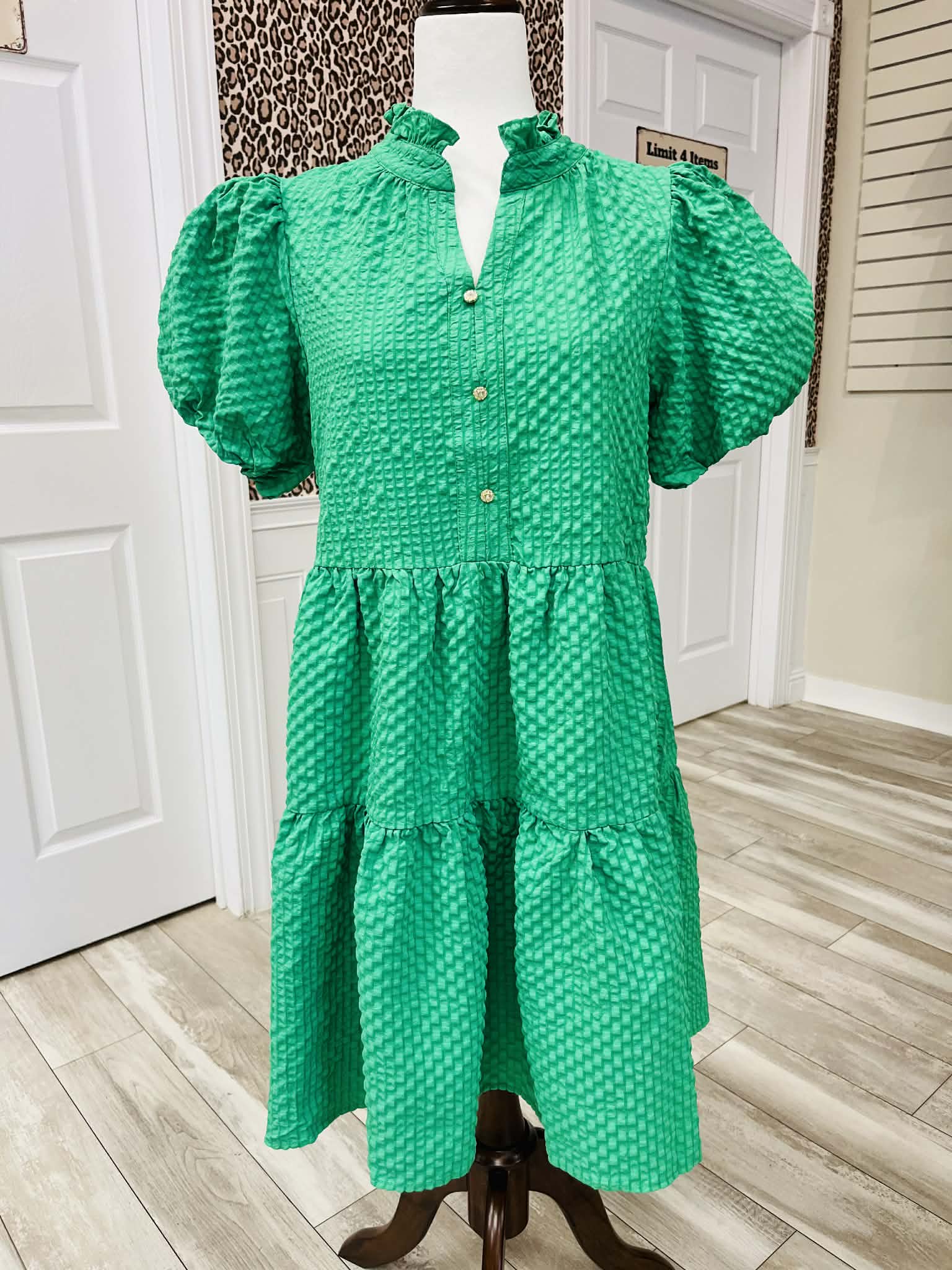 Women’s GiGiO Green Seersucker Puff Sleeve Mini Dress
