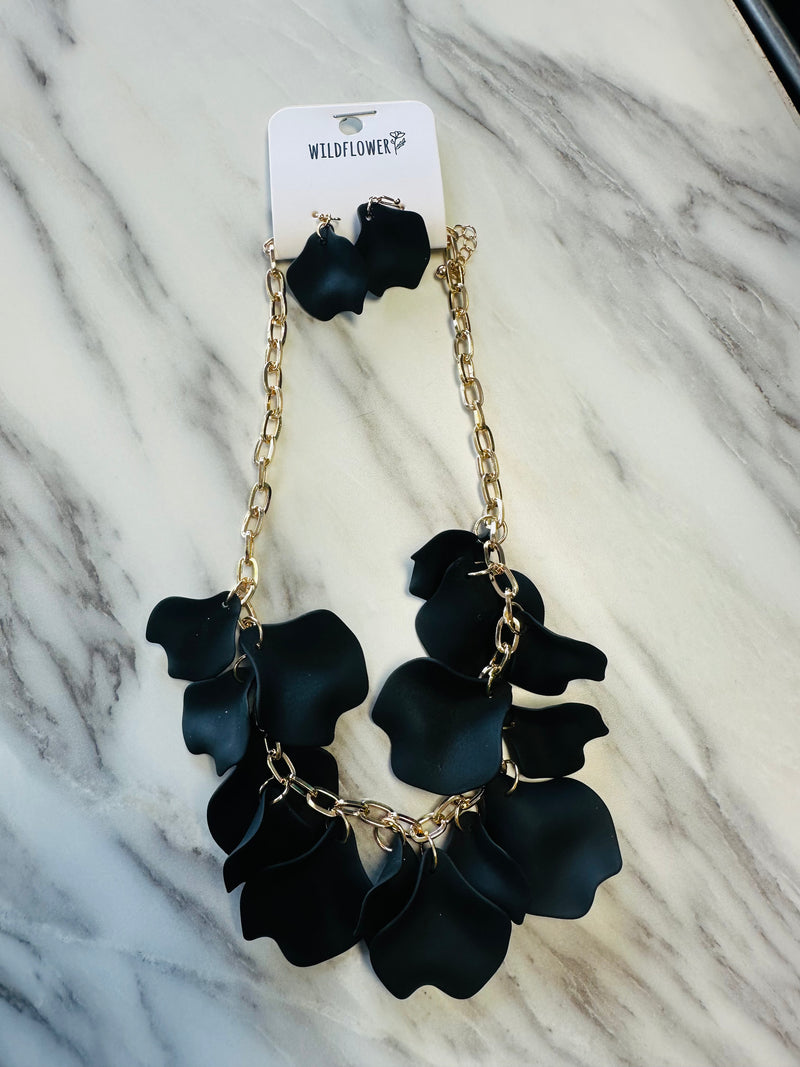 Women’s Gold Chained Black Petals Earrings and Necklace