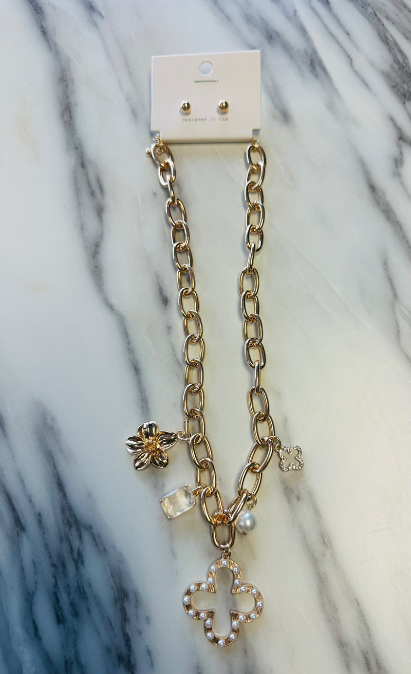 Women’s Golden Chain and Pearl Necklace and Earrings
