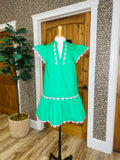 Women’s Green Mini Dress with Pink Scalloped Trim