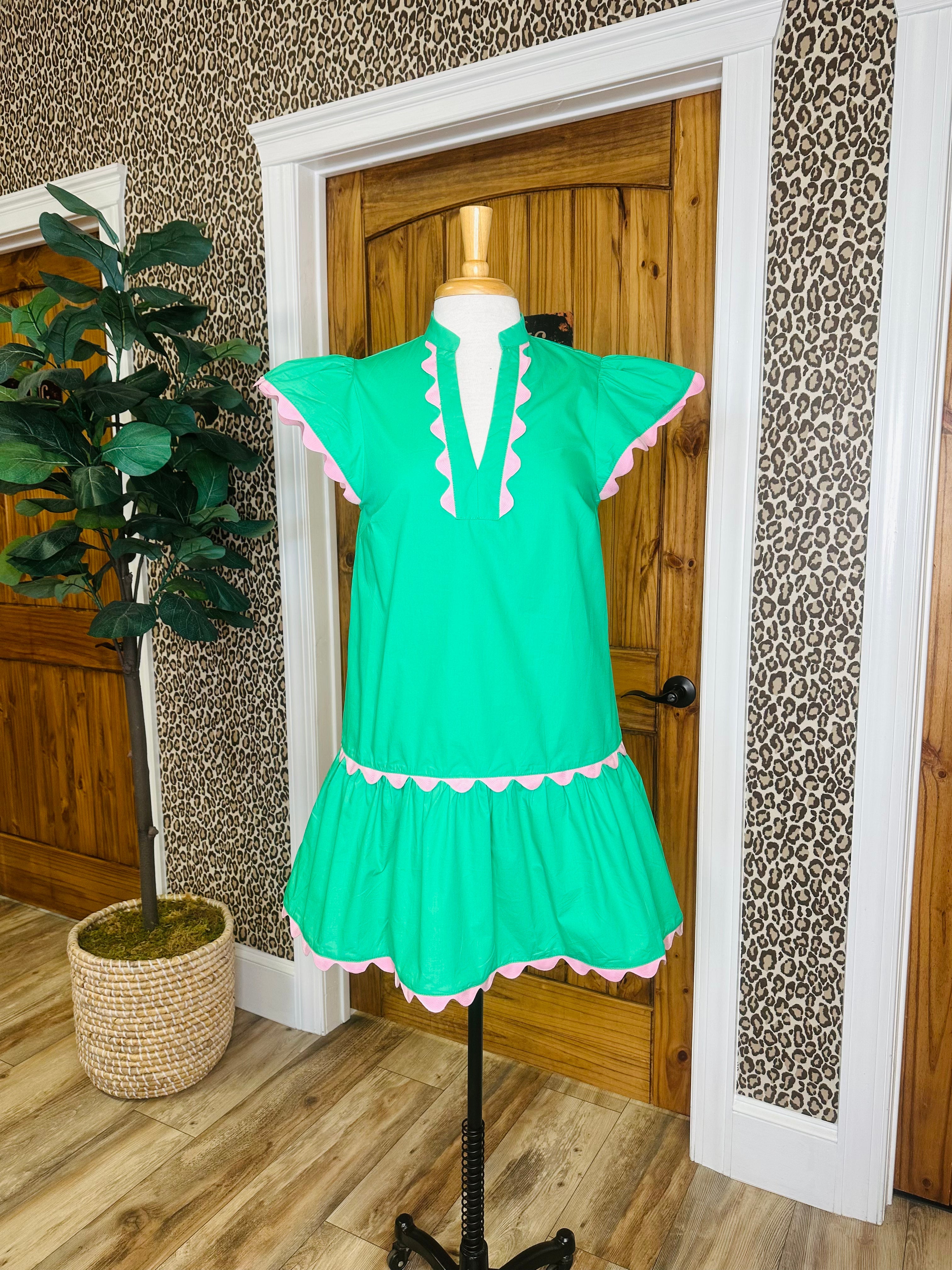 Women’s Green Mini Dress with Pink Scalloped Trim