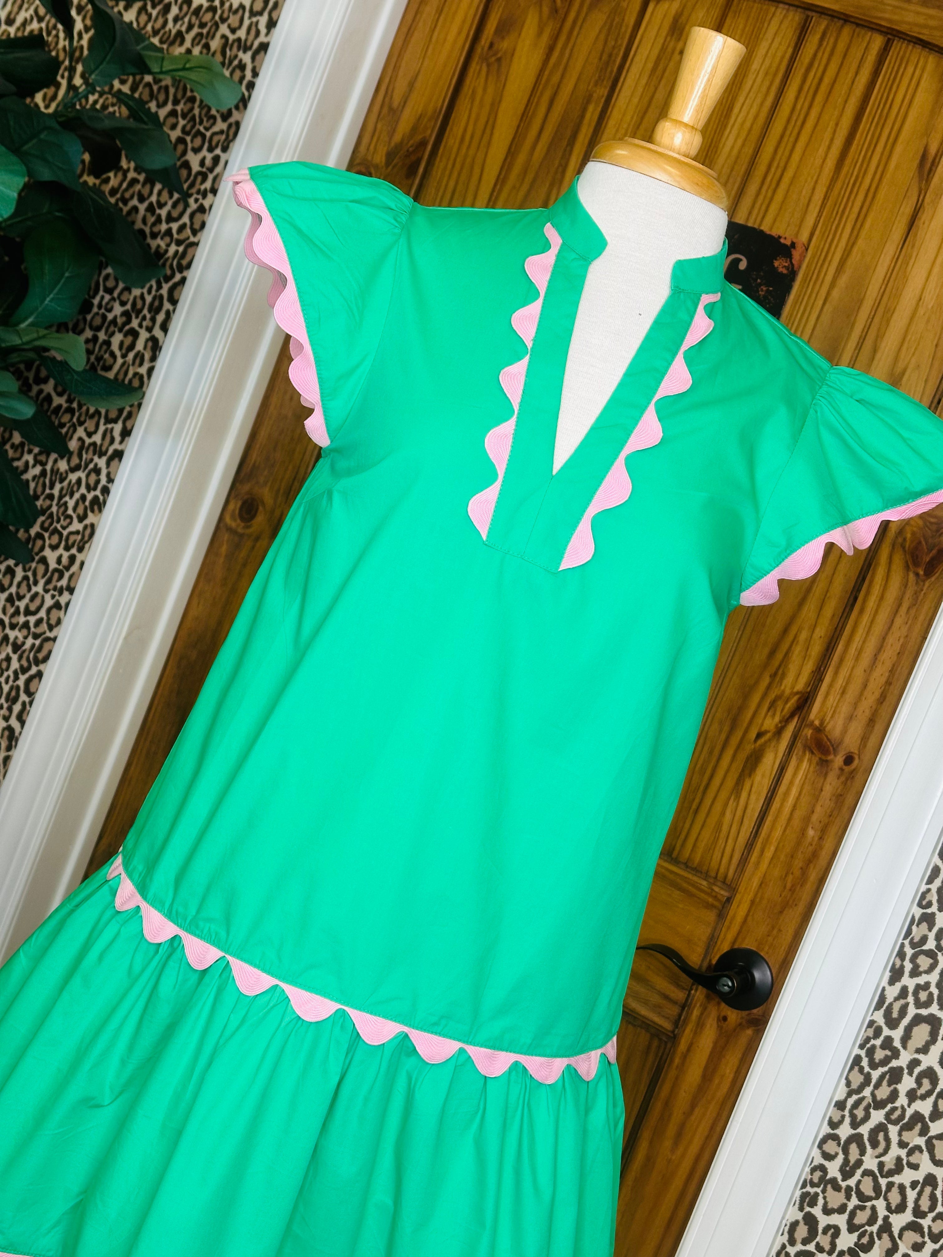 Women’s Green Mini Dress with Pink Scalloped Trim
