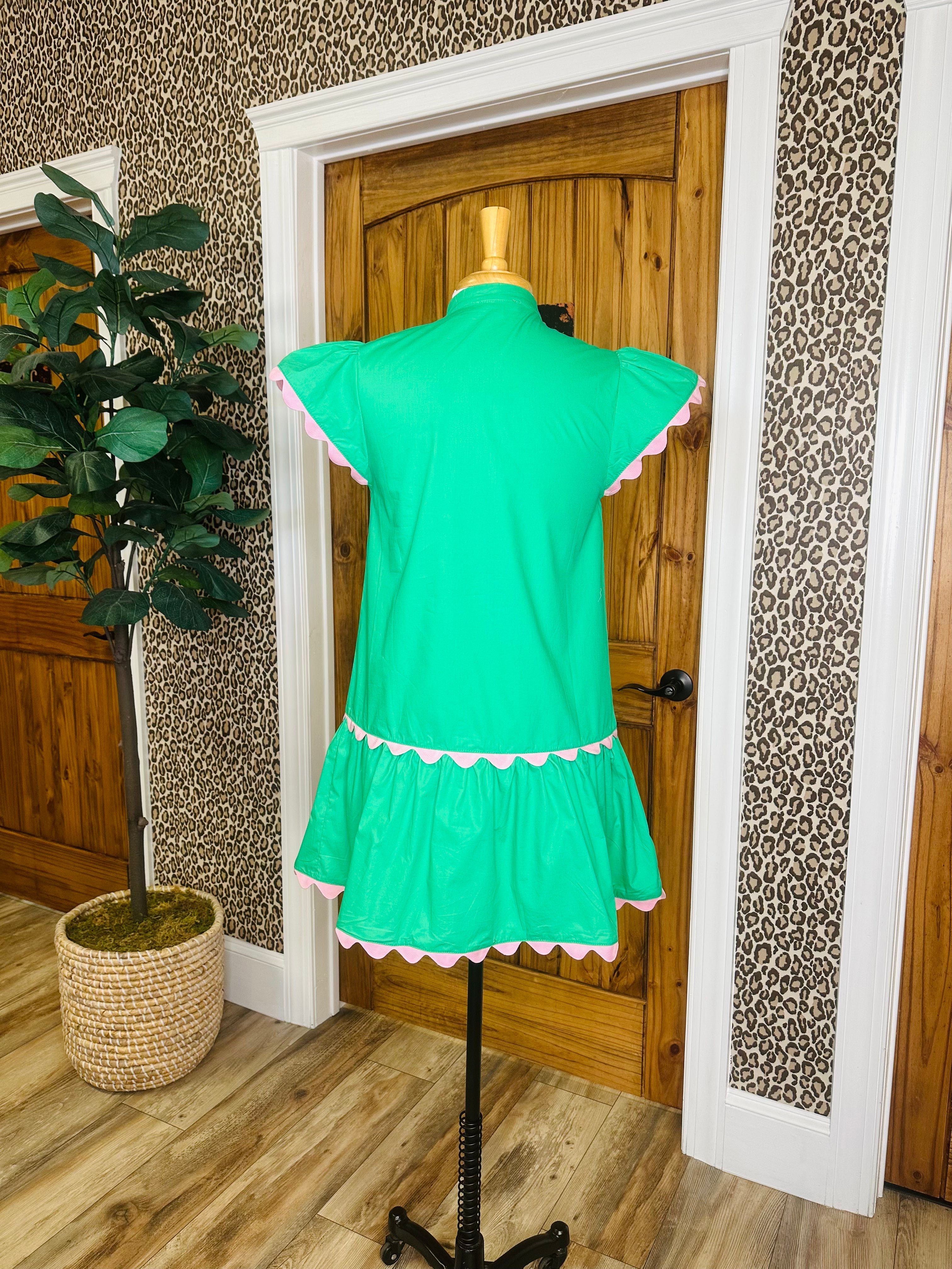 Women’s Green Mini Dress with Pink Scalloped Trim