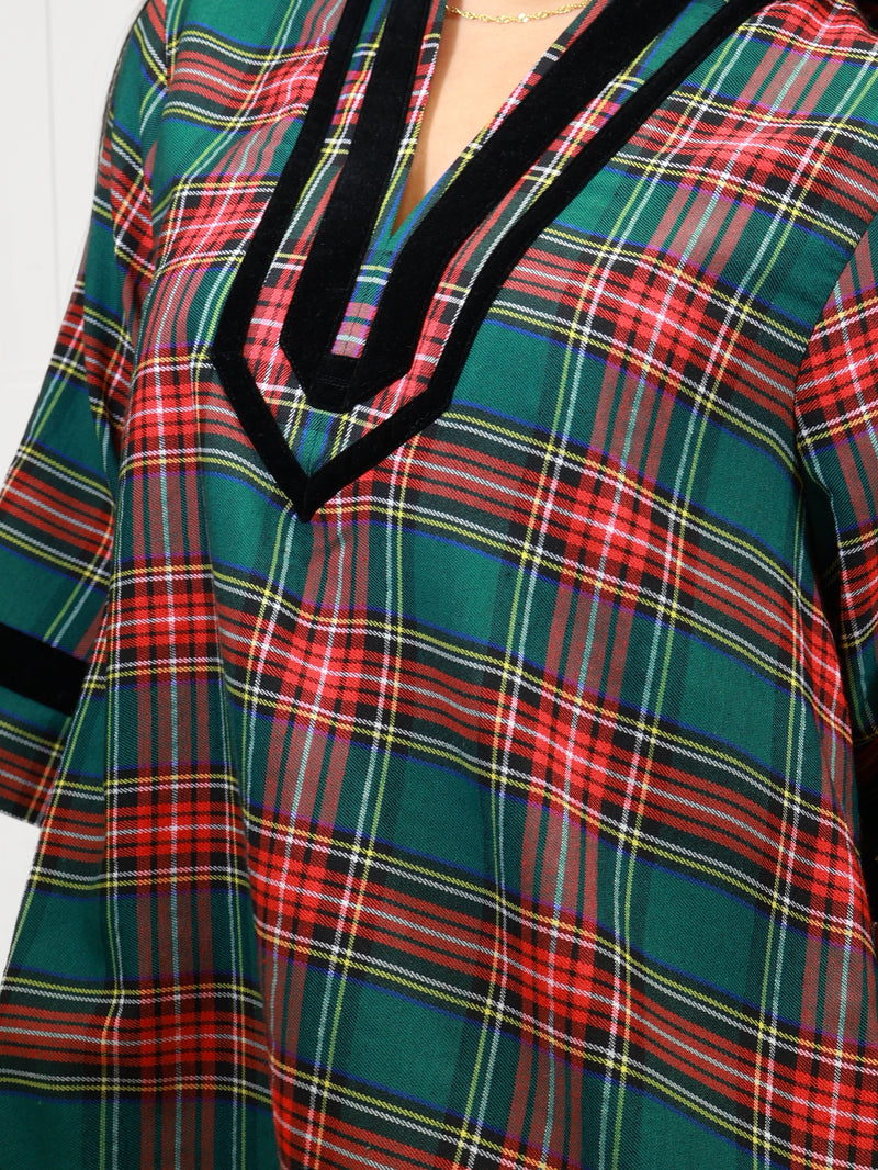 Women’s Green Plaid Velvet Trim Dress