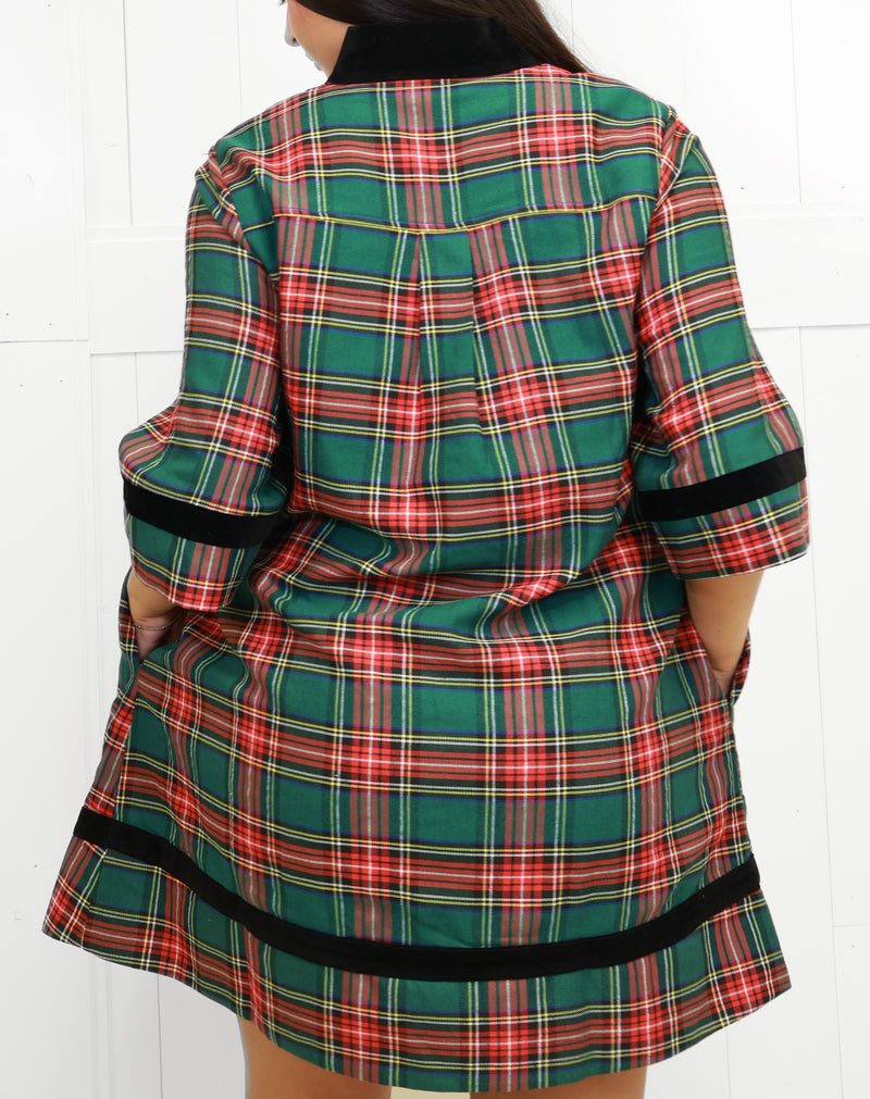 Women’s Green Plaid Velvet Trim Dress