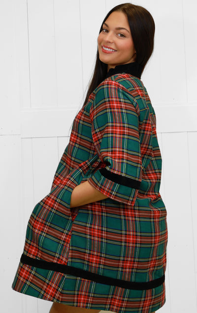 Women’s Green Plaid Velvet Trim Dress