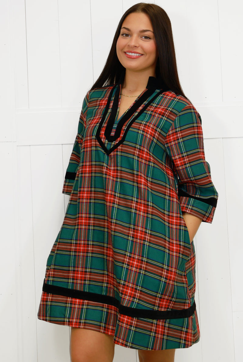 Women’s Green Plaid Velvet Trim Dress