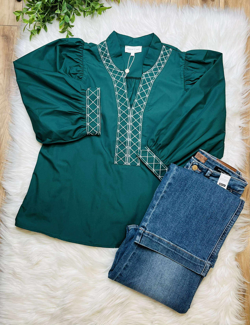 Women’s Green Y Trimmed Embroidered Top