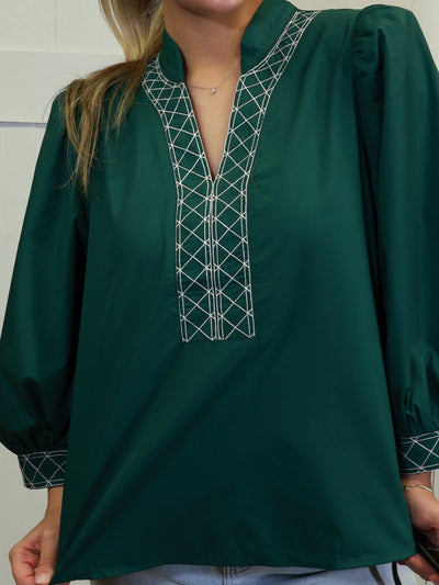 Women’s Green Y Trimmed Embroidered Top