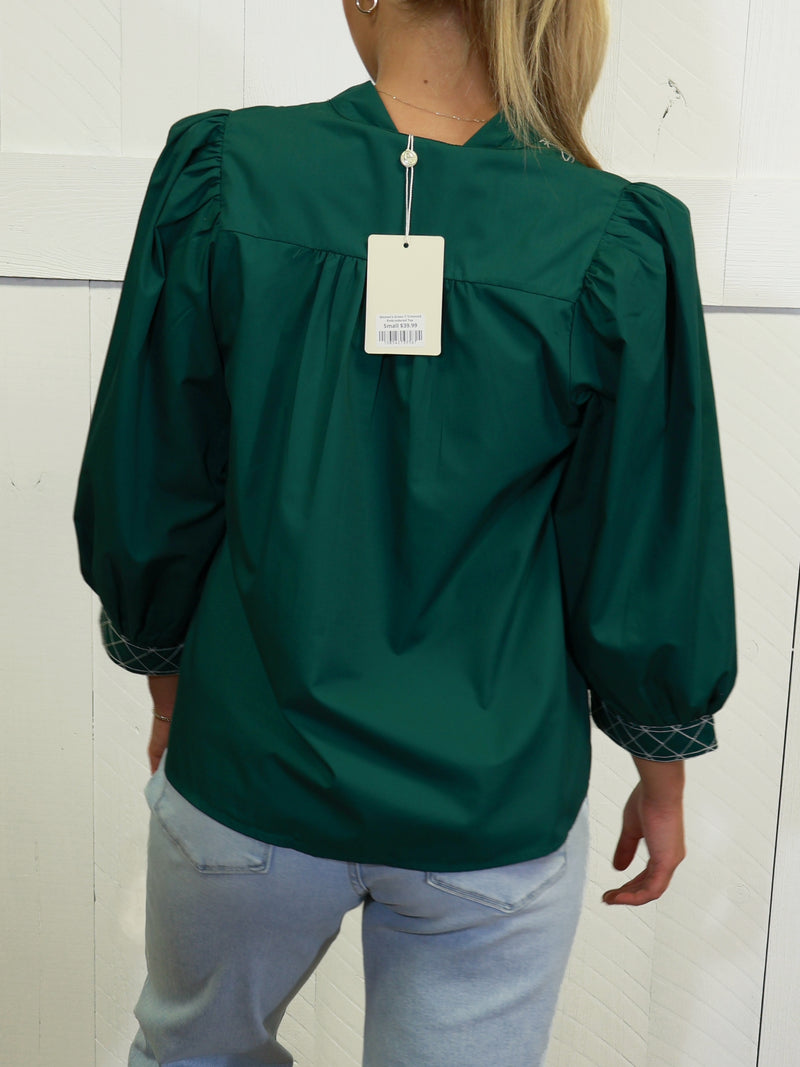 Women’s Green Y Trimmed Embroidered Top