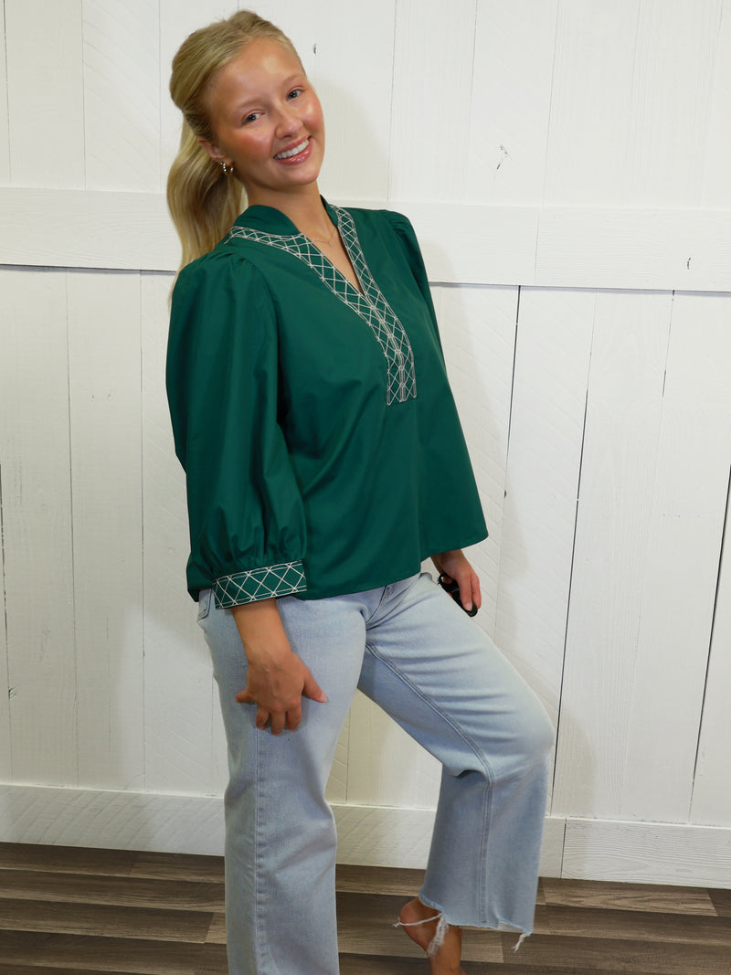 Women’s Green Y Trimmed Embroidered Top