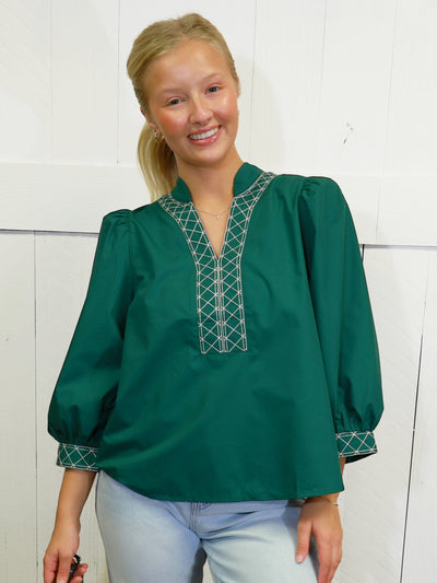 Women’s Green Y Trimmed Embroidered Top