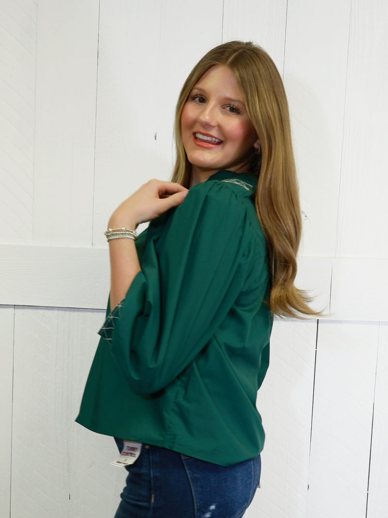 Women’s Green Y Trimmed Embroidered Top