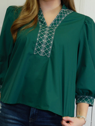 Women’s Green Y Trimmed Embroidered Top