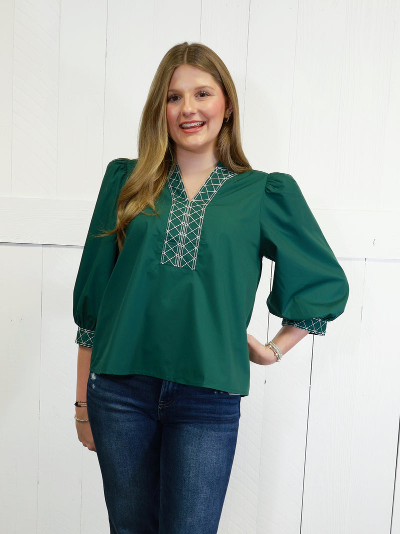 Women’s Green Y Trimmed Embroidered Top