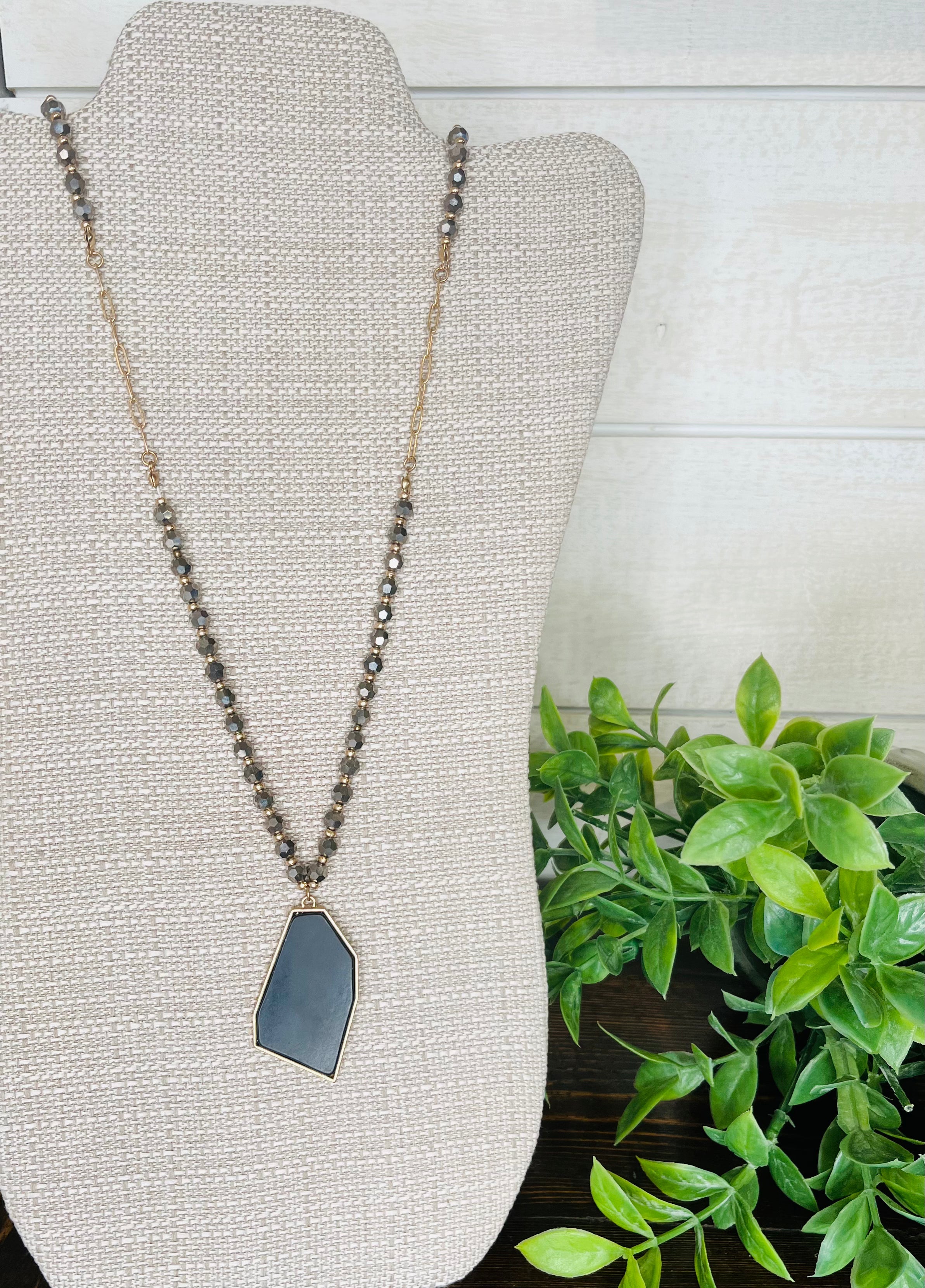 Women’s Grey beaded with Black pendant necklace