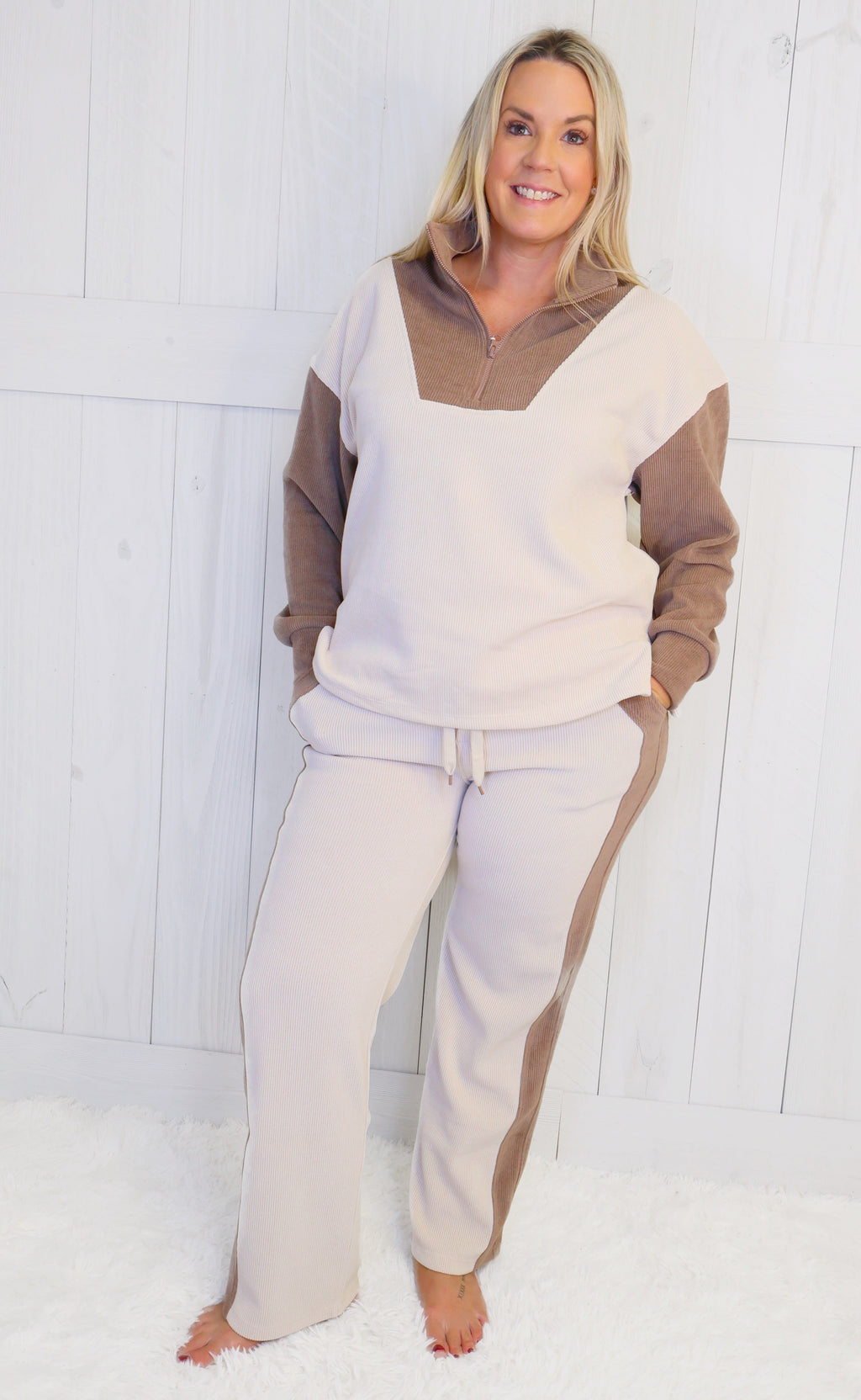 Women’s Ivory and Mocha Relaxed Fit Corduroy Set