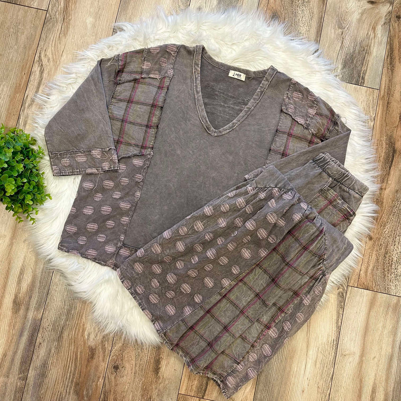 Women’s J Her Grey Mixed Print Polka Dot Pants Set