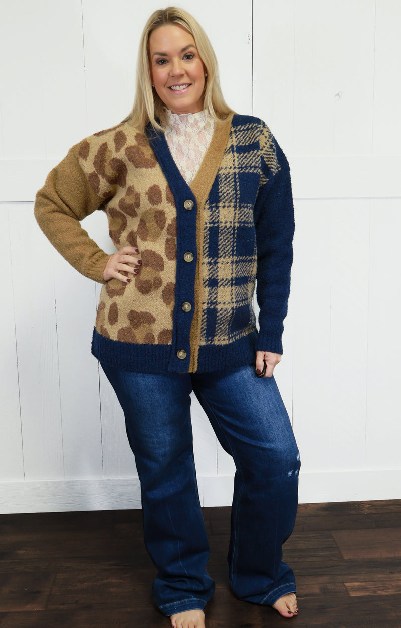 Women’s Leopard Mixed Print Cardigan Sweater Top Jacket