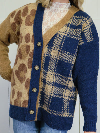 Women’s Leopard Mixed Print Cardigan Sweater Top Jacket