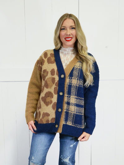 Women’s Leopard Mixed Print Cardigan Sweater Top Jacket