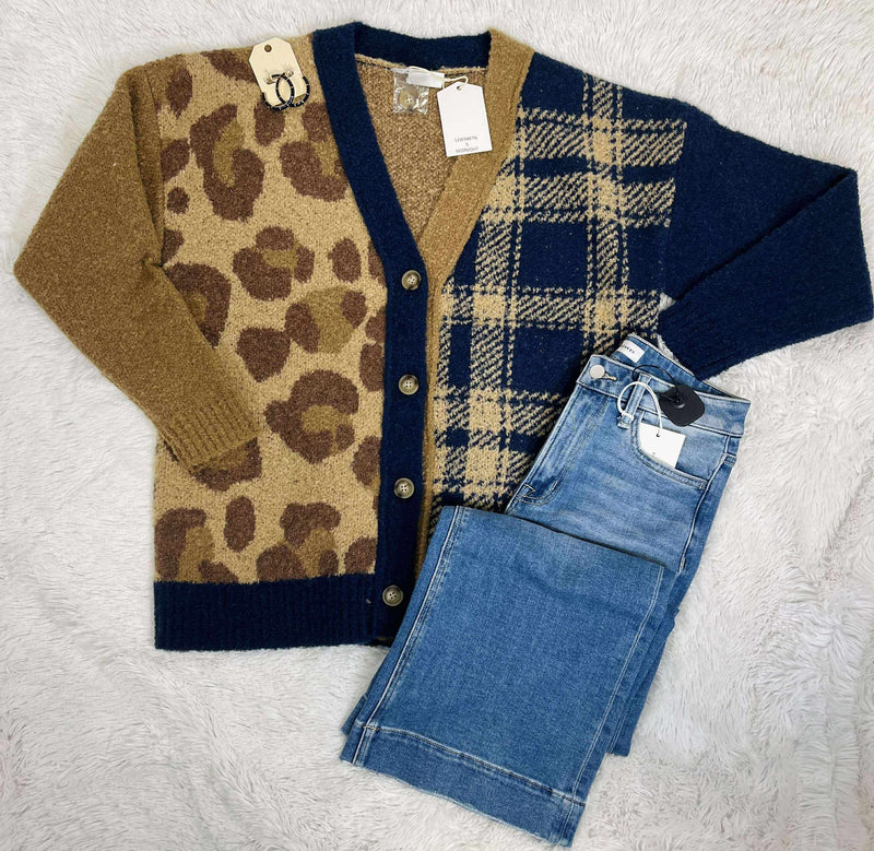 Women’s Leopard Mixed Print Cardigan Sweater Top Jacket