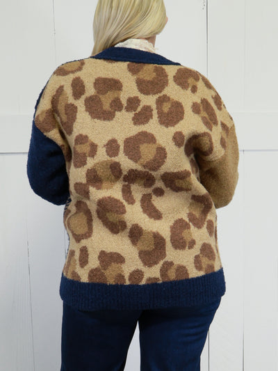 Women’s Leopard Mixed Print Cardigan Sweater Top Jacket