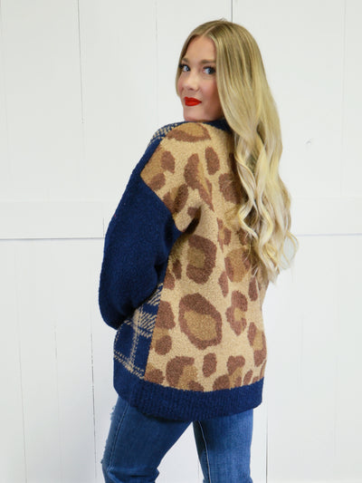 Women’s Leopard Mixed Print Cardigan Sweater Top Jacket