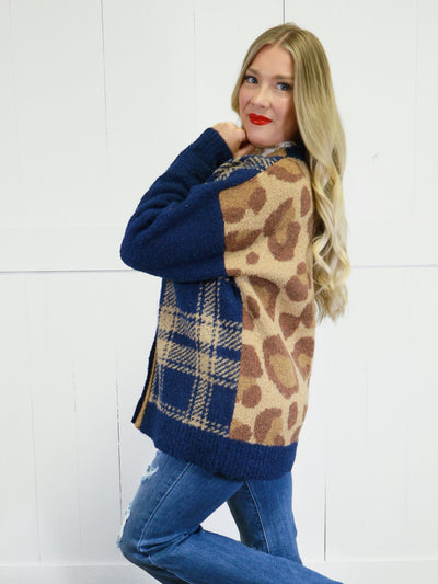Women’s Leopard Mixed Print Cardigan Sweater Top Jacket