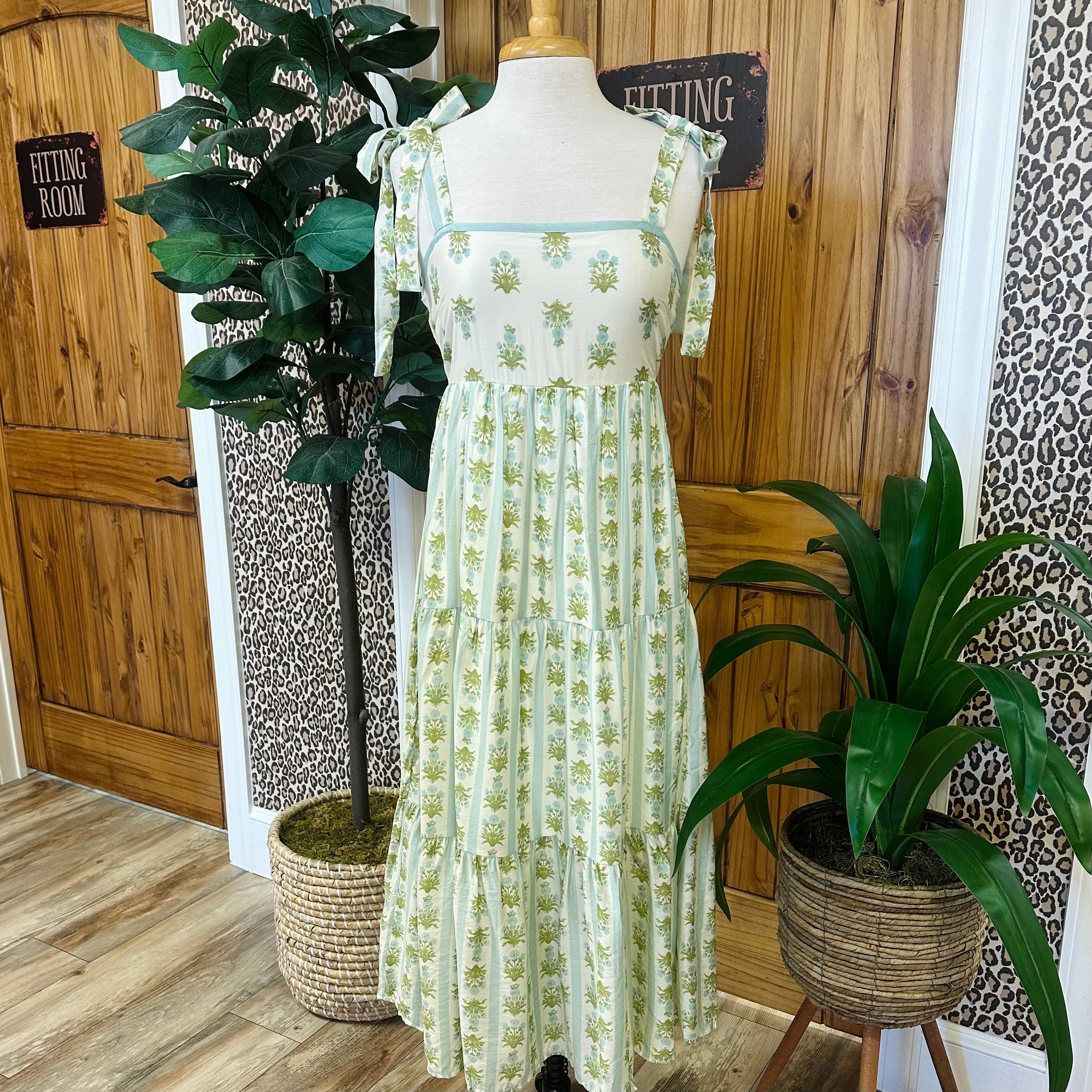 Women’s Light Blue/Green Striped Floral Midi Dress