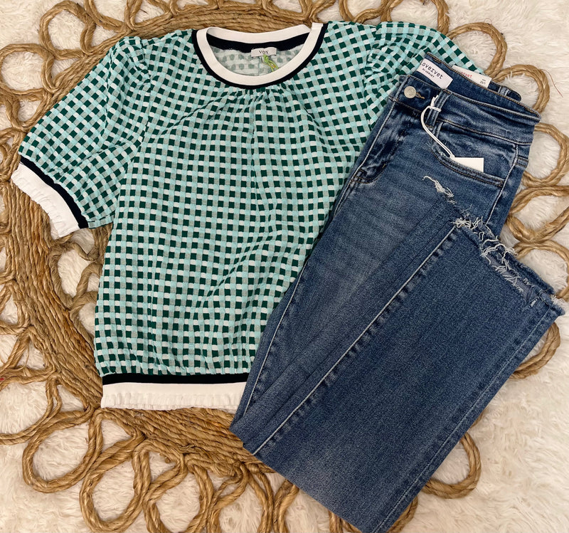Women’s Mint Voy Puff Sleeve Plaid Knit Top