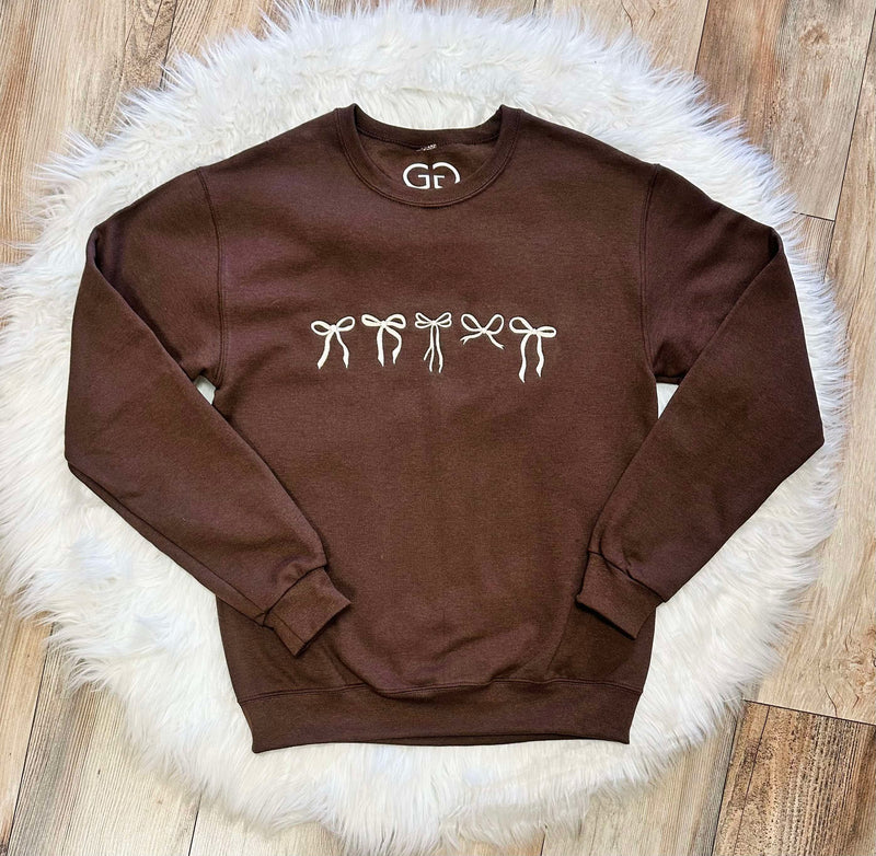 Women’s Mocha Bow Embroidered Crewneck Pullover Sweater