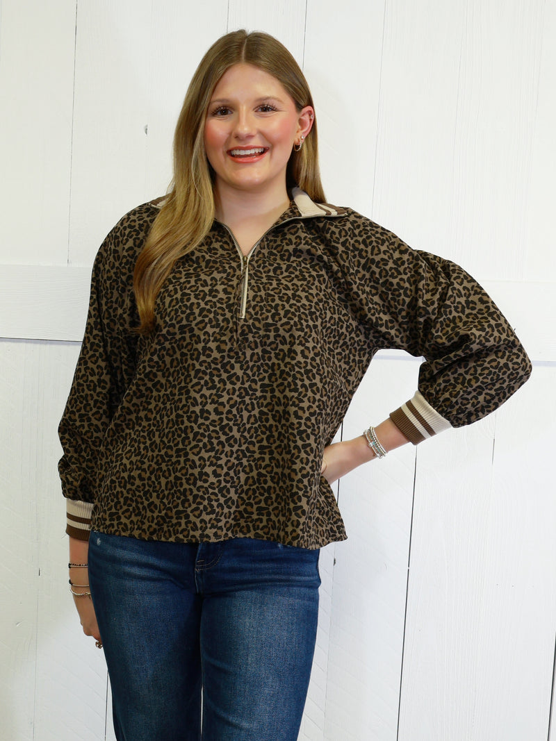 Women’s Mocha Suede Cheetah Pullover Sweater Top