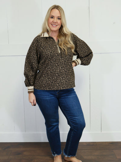 Women’s Mocha Suede Cheetah Pullover Sweater Top