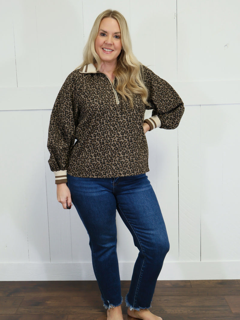 Women’s Mocha Suede Cheetah Pullover Sweater Top