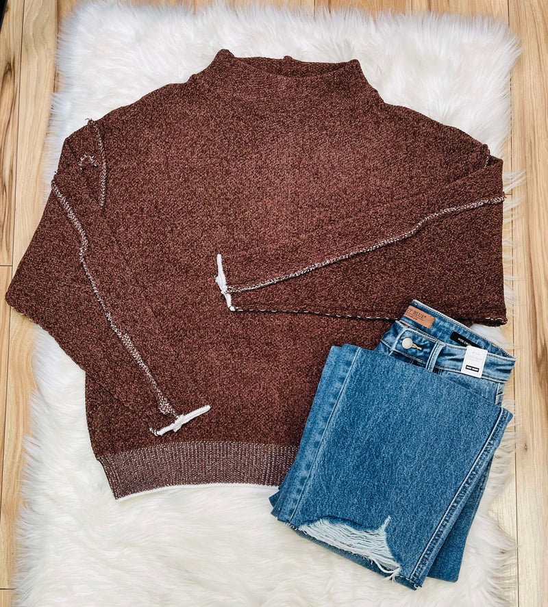 Women’s Mock Neck Raw Seam Chenille Sweater Brown