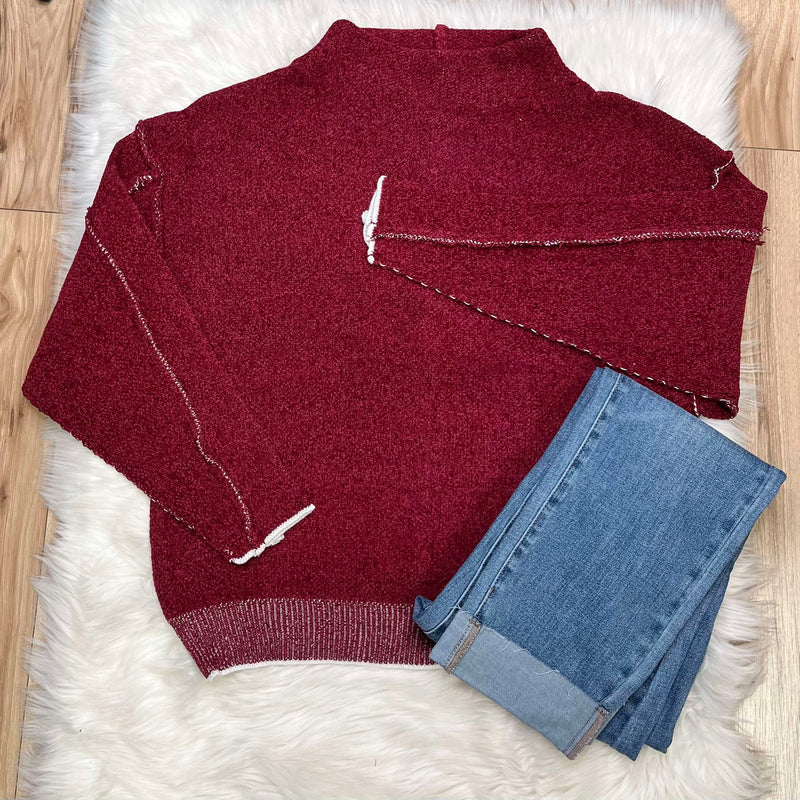 Women’s Mock Neck Raw Seam Chenille Sweater Cabernet