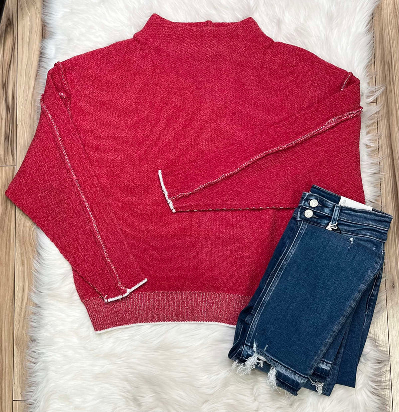 Women’s Mock Neck Raw Seam Chenille Sweater Dark Red