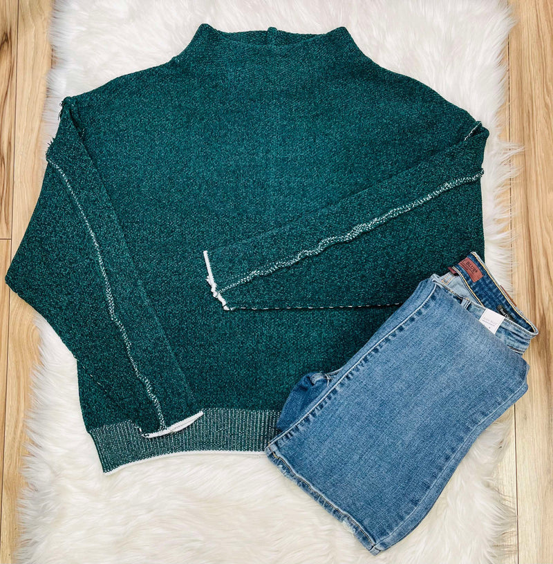 Women’s Mock Neck Raw Seam Chenille Sweater Hunter Green