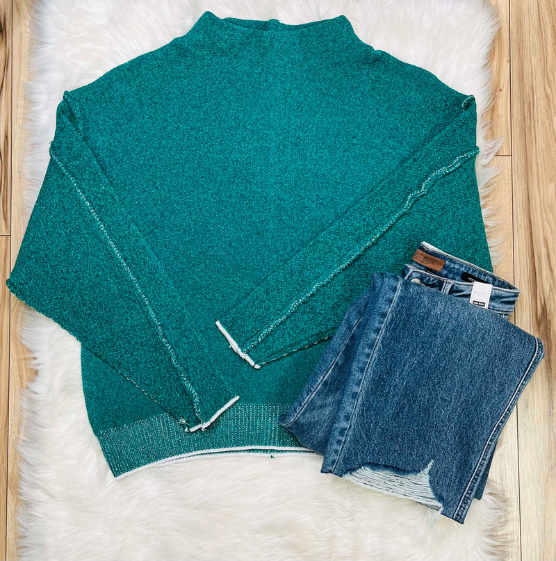 Women’s Mock Neck Raw Seam Chenille Sweater Kelly Green
