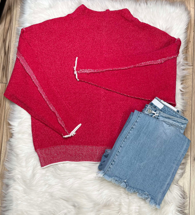 Women’s Mock Neck Raw Seam Chenille Sweater Magenta