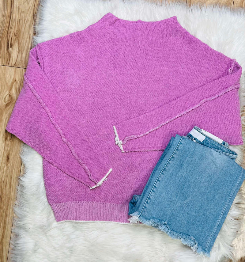 Women’s Mock Neck Raw Seam Chenille Sweater Mauve