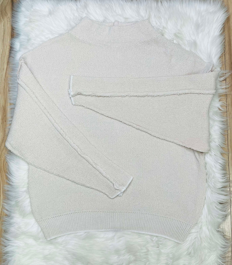 Women’s Mock Neck Raw Seam Chenille Sweater Sand Beige