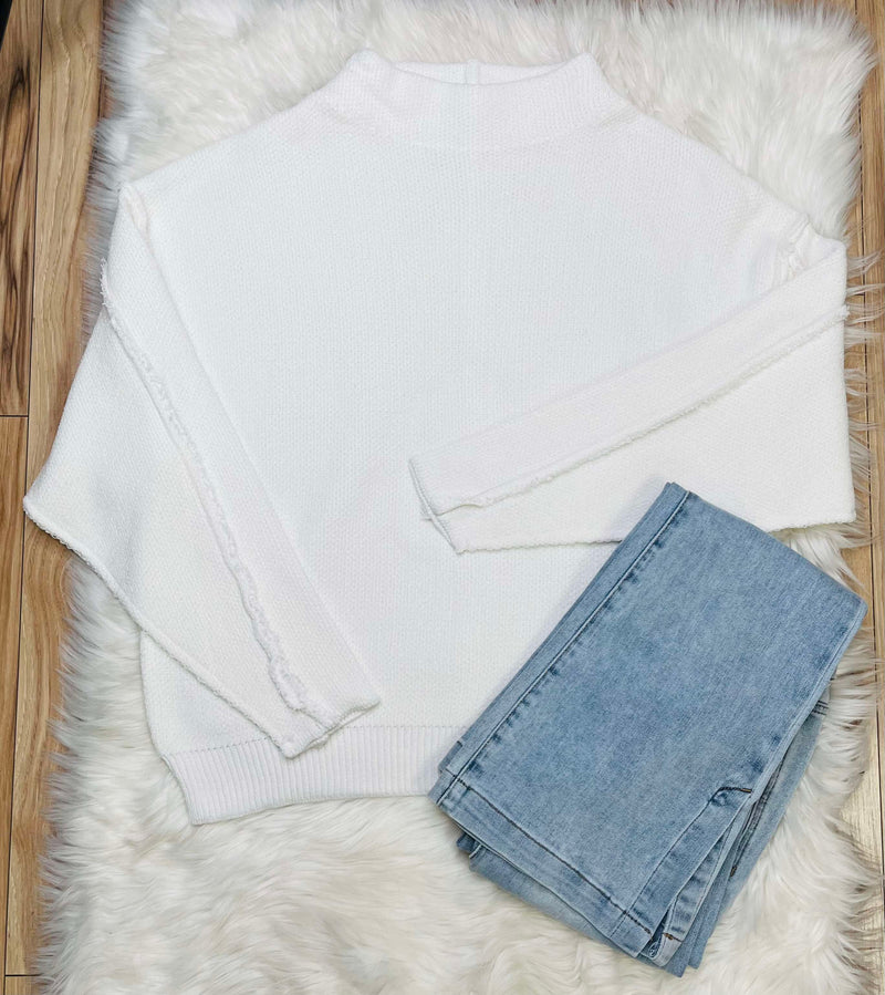 Women’s Mock Neck Raw Seam Chenille Sweater White