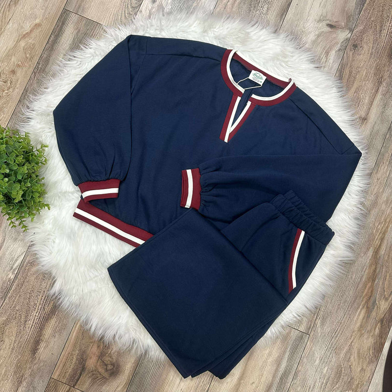 Women’s Navy Two Piece Set with red Trim