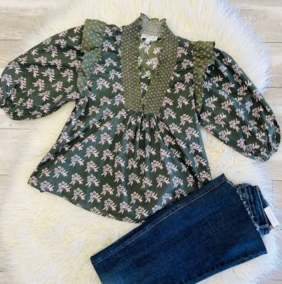 Women’s Olive Floral Mixed Print Top