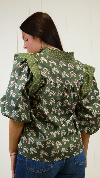 Women’s Olive Floral Mixed Print Top