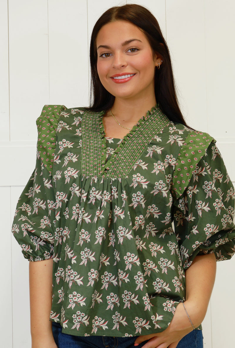 Women’s Olive Floral Mixed Print Top