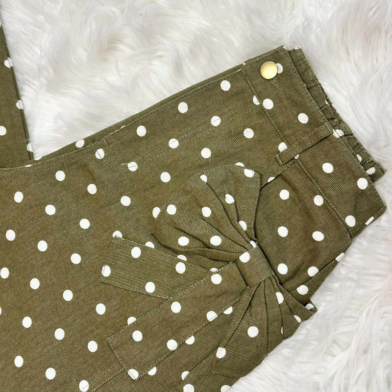Women’s Olive Polka Dot Barrel Jeans Pants With Bow Pockets