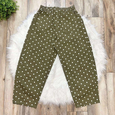 Women’s Olive Polka Dot Barrel Jeans Pants With Bow Pockets